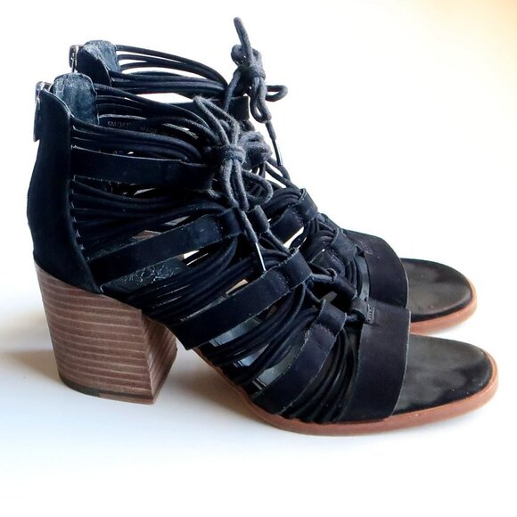 Vince Camuto Black Suede Leather Strappy Cutout Block Heel Sandals Bootie Shoes - Picture 3 of 15